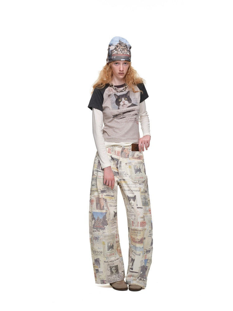 American Vintage Cat Print Color-Block Fake Two-Piece Raglan Long-Sleeve T-Shirt【s0000019015】
