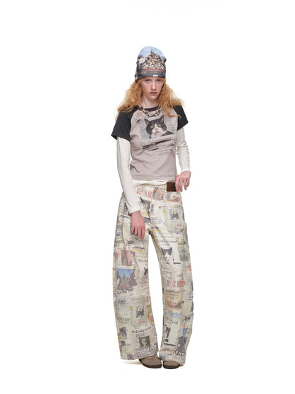 American Vintage Cat Print Color-Block Fake Two-Piece Raglan Long-Sleeve T-Shirt【s0000019015】