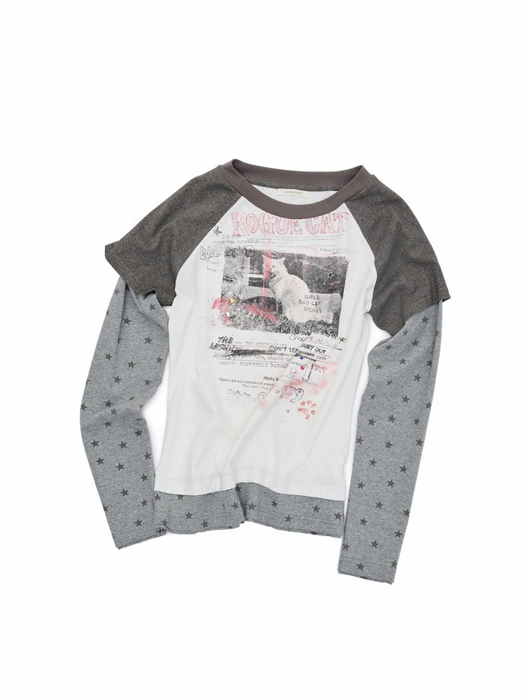American Vintage Cat Print Color-Block Fake Two-Piece Raglan Long-Sleeve T-Shirt【s0000019015】
