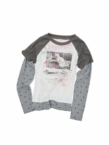 American Vintage Cat Print Color-Block Fake Two-Piece Raglan Long-Sleeve T-Shirt【s0000019015】