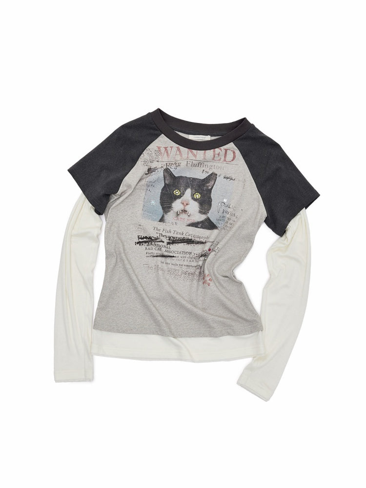 American Vintage Cat Print Color-Block Fake Two-Piece Raglan Long-Sleeve T-Shirt【s0000019015】