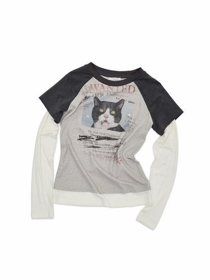 American Vintage Cat Print Color-Block Fake Two-Piece Raglan Long-Sleeve T-Shirt【s0000019015】