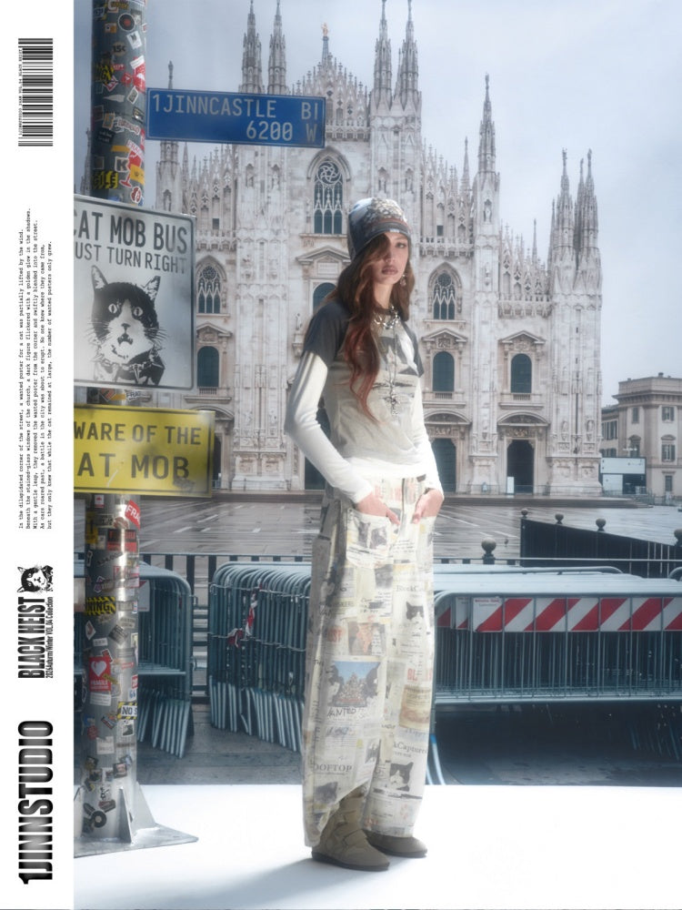 American Vintage Cat Print Color-Block Fake Two-Piece Raglan Long-Sleeve T-Shirt【s0000019015】