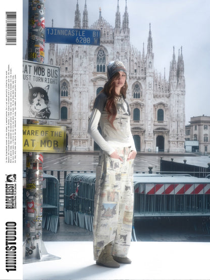 American Vintage Cat Print Color-Block Fake Two-Piece Raglan Long-Sleeve T-Shirt【s0000019015】