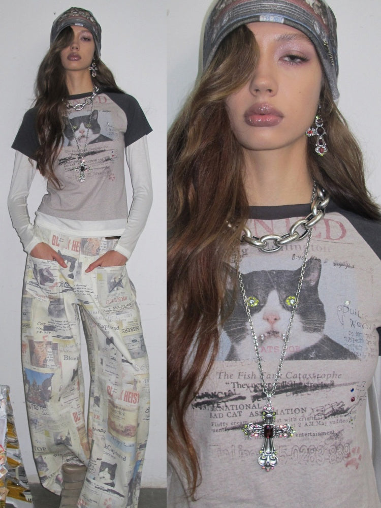 American Vintage Cat Print Color-Block Fake Two-Piece Raglan Long-Sleeve T-Shirt【s0000019015】