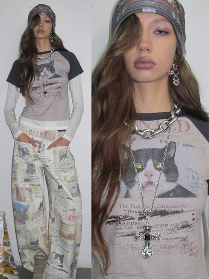 American Vintage Cat Print Color-Block Fake Two-Piece Raglan Long-Sleeve T-Shirt【s0000019015】