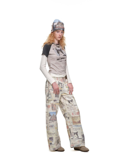 American Vintage Cat Print Color-Block Fake Two-Piece Raglan Long-Sleeve T-Shirt【s0000019015】