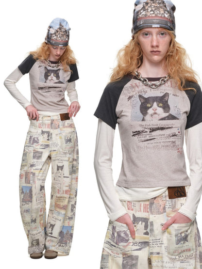 American Vintage Cat Print Color-Block Fake Two-Piece Raglan Long-Sleeve T-Shirt【s0000019015】