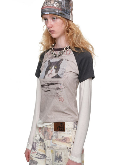 American Vintage Cat Print Color-Block Fake Two-Piece Raglan Long-Sleeve T-Shirt【s0000019015】