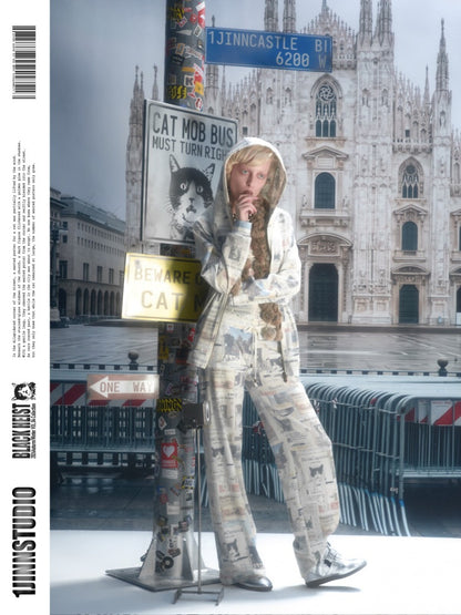 Cat Newspaper Full Print Cropped Slim Fit Long-Sleeve Shirt【s0000019016】