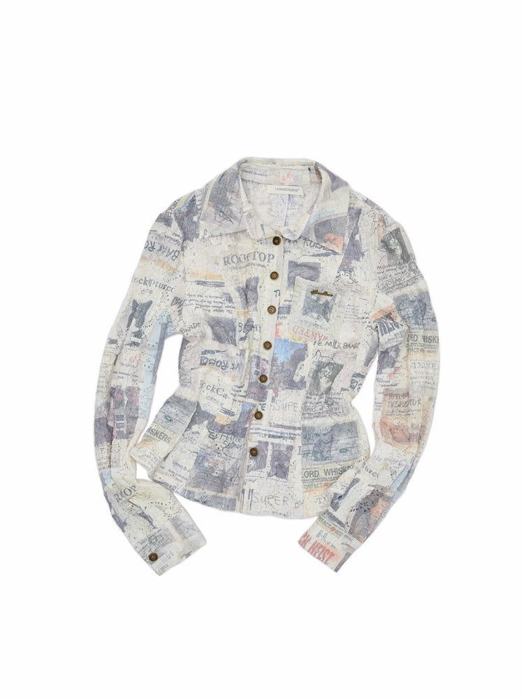 Cat Newspaper Full Print Cropped Slim Fit Long-Sleeve Shirt【s0000019016】
