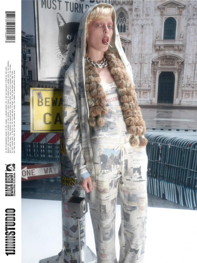 Cat Newspaper Full Print Cropped Slim Fit Long-Sleeve Shirt【s0000019016】