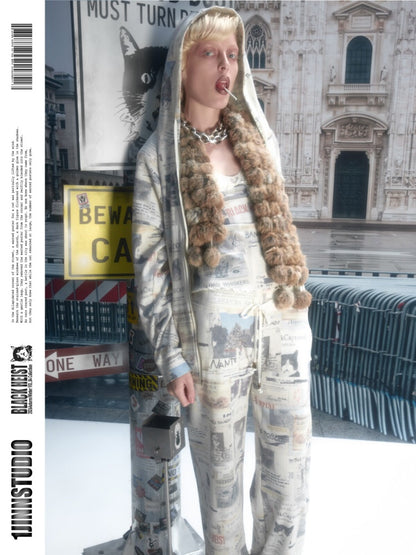 Cat Newspaper Full Print Cropped Slim Fit Long-Sleeve Shirt【s0000019016】