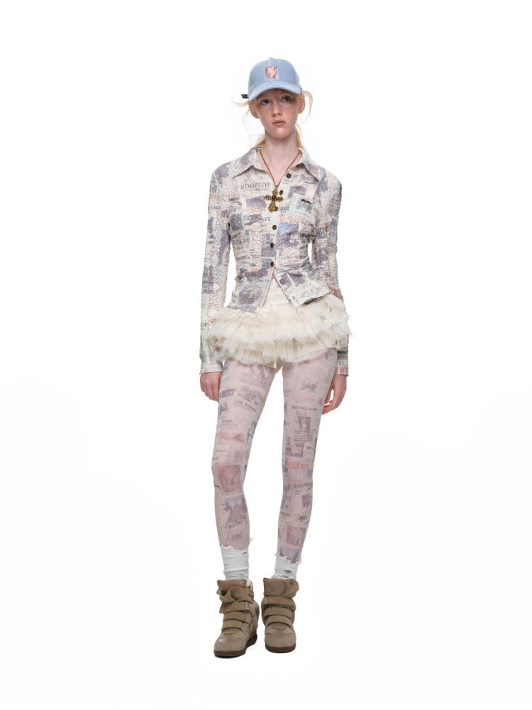 Cat Newspaper Full Print Cropped Slim Fit Long-Sleeve Shirt【s0000019016】
