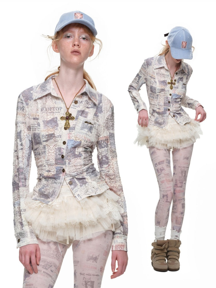 Cat Newspaper Full Print Cropped Slim Fit Long-Sleeve Shirt【s0000019016】