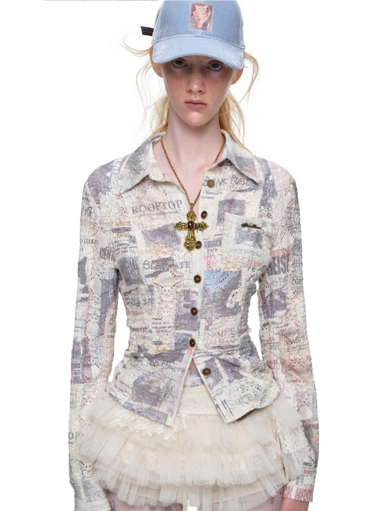 Cat Newspaper Full Print Cropped Slim Fit Long-Sleeve Shirt【s0000019016】