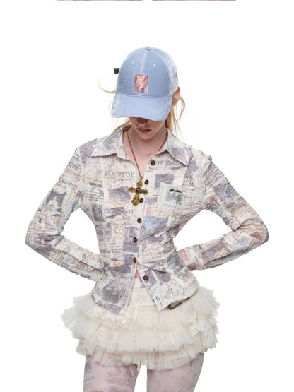 Cat Newspaper Full Print Cropped Slim Fit Long-Sleeve Shirt【s0000019016】