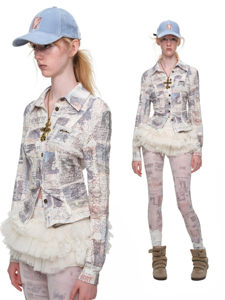 Cat Newspaper Full Print Cropped Slim Fit Long-Sleeve Shirt【s0000019016】