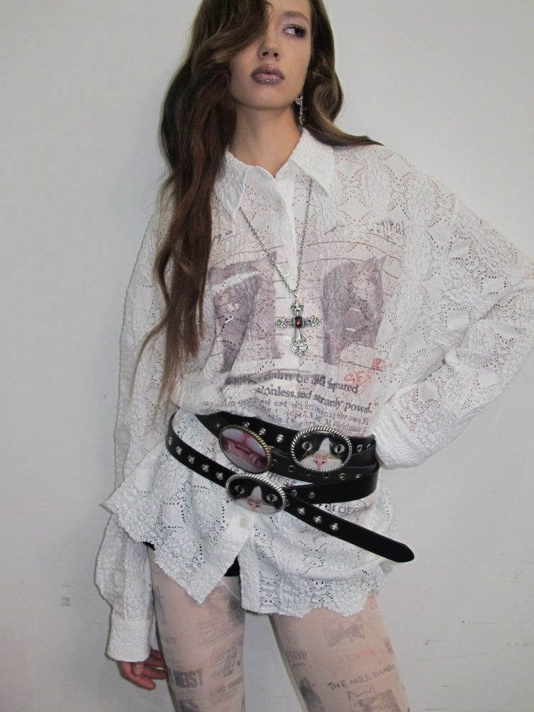 Cat Wanted Print Hollow Lace Loose Drop Shoulder Long Structured Long Sleeve Shirt【s0000019017】