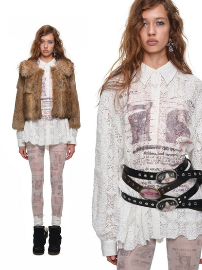 Cat Wanted Print Hollow Lace Loose Drop Shoulder Long Structured Long Sleeve Shirt【s0000019017】