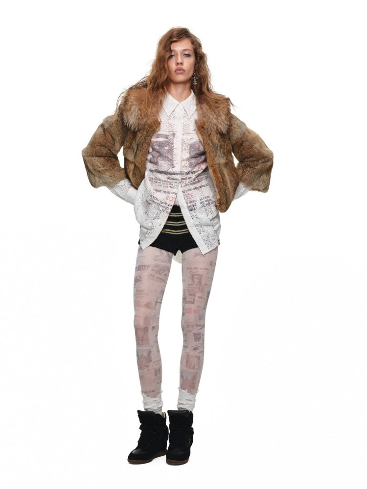Cat Wanted Print Hollow Lace Loose Drop Shoulder Long Structured Long Sleeve Shirt【s0000019017】