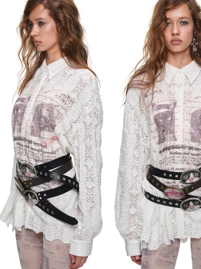 Cat Wanted Print Hollow Lace Loose Drop Shoulder Long Structured Long Sleeve Shirt【s0000019017】