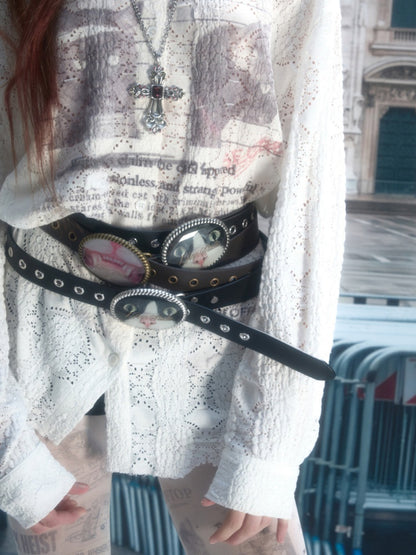 Cat Wanted Print Hollow Lace Loose Drop Shoulder Long Structured Long Sleeve Shirt【s0000019017】