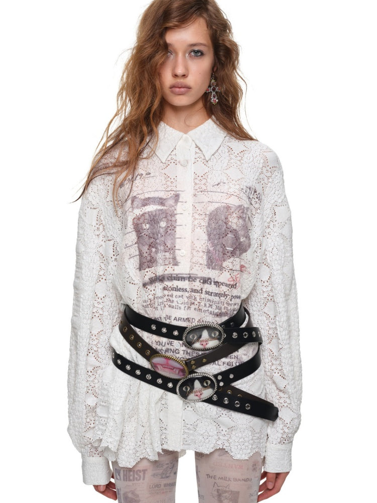 Cat Wanted Print Hollow Lace Loose Drop Shoulder Long Structured Long Sleeve Shirt【s0000019017】