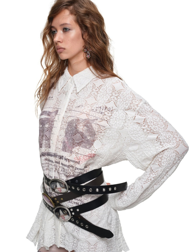 Cat Wanted Print Hollow Lace Loose Drop Shoulder Long Structured Long Sleeve Shirt【s0000019017】