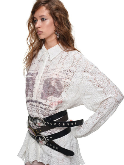 Cat Wanted Print Hollow Lace Loose Drop Shoulder Long Structured Long Sleeve Shirt【s0000019017】