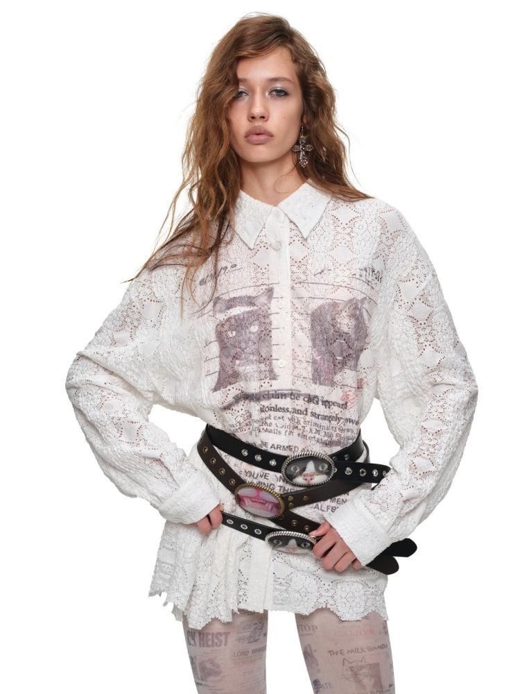 Cat Wanted Print Hollow Lace Loose Drop Shoulder Long Structured Long Sleeve Shirt【s0000019017】
