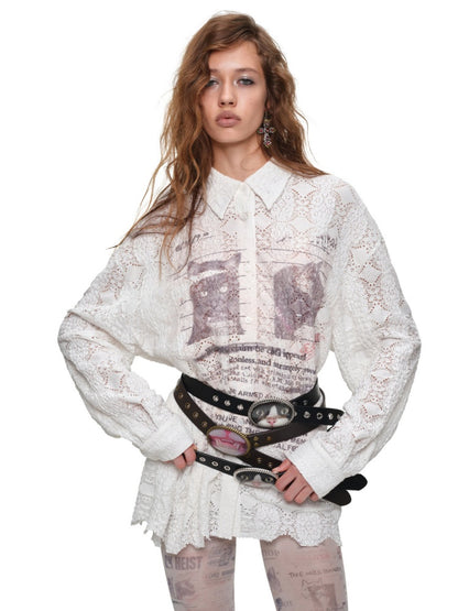 Cat Wanted Print Hollow Lace Loose Drop Shoulder Long Structured Long Sleeve Shirt【s0000019017】