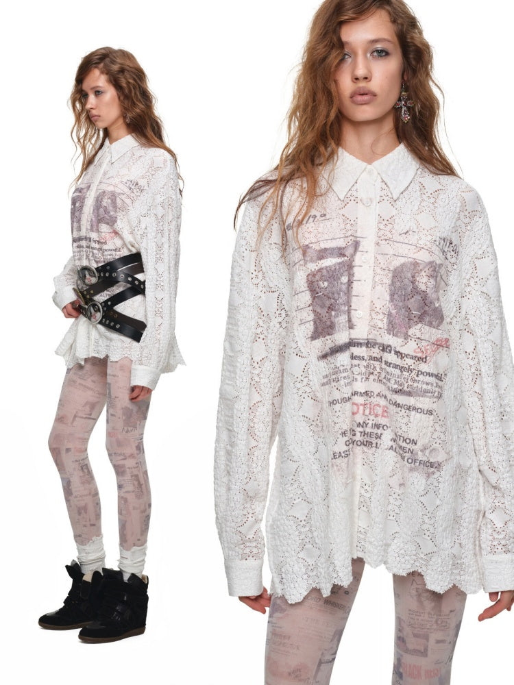 Cat Wanted Print Hollow Lace Loose Drop Shoulder Long Structured Long Sleeve Shirt【s0000019017】