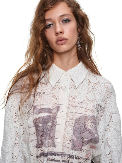 Cat Wanted Print Hollow Lace Loose Drop Shoulder Long Structured Long Sleeve Shirt【s0000019017】