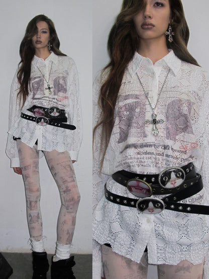 Cat Wanted Print Hollow Lace Loose Drop Shoulder Long Structured Long Sleeve Shirt【s0000019017】
