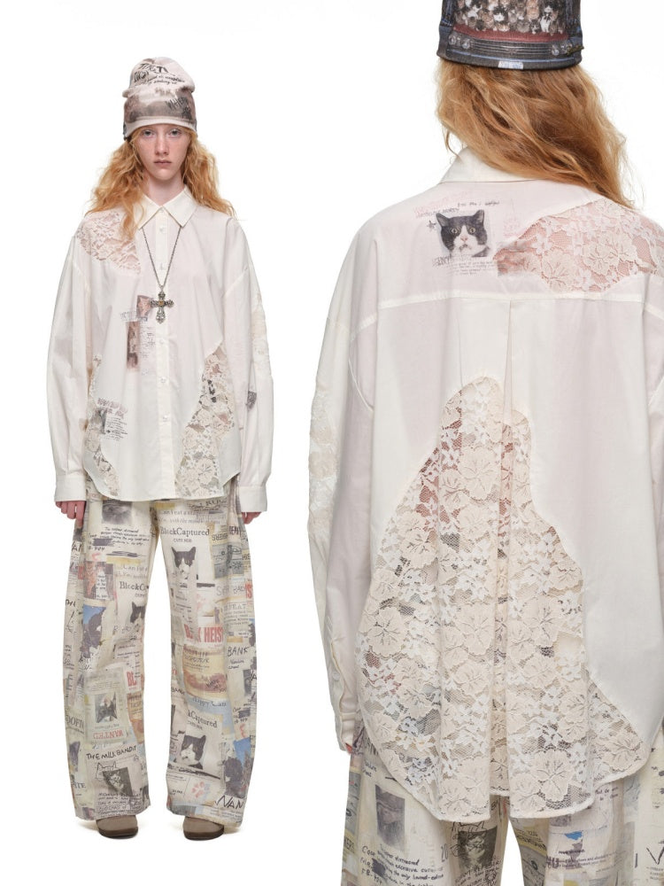 Cat Print Hollow Lace Patchwork Loose Silhouette Long-Sleeve Shirt【s0000019018】
