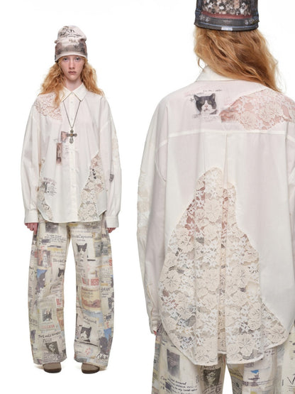 Cat Print Hollow Lace Patchwork Loose Silhouette Long-Sleeve Shirt【s0000019018】