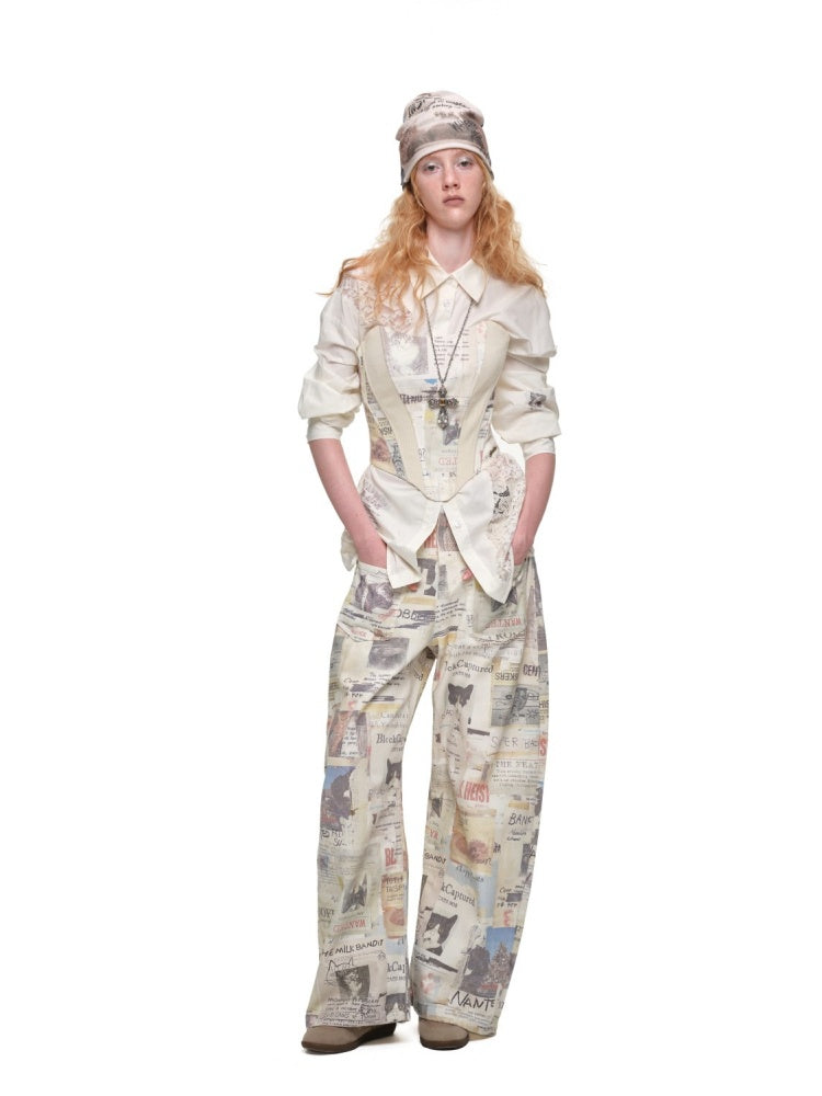 Cat Print Hollow Lace Patchwork Loose Silhouette Long-Sleeve Shirt【s0000019018】