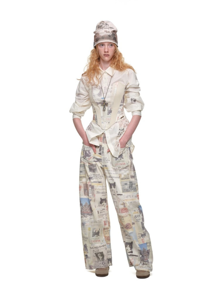 Cat Print Hollow Lace Patchwork Loose Silhouette Long-Sleeve Shirt【s0000019018】