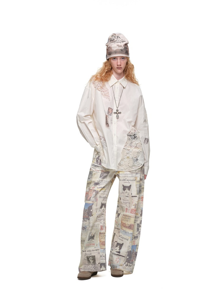 Cat Print Hollow Lace Patchwork Loose Silhouette Long-Sleeve Shirt【s0000019018】