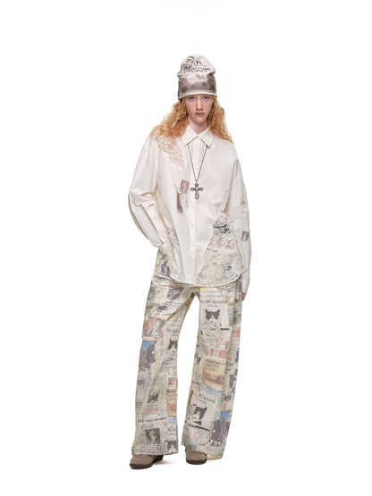 Cat Print Hollow Lace Patchwork Loose Silhouette Long-Sleeve Shirt【s0000019018】