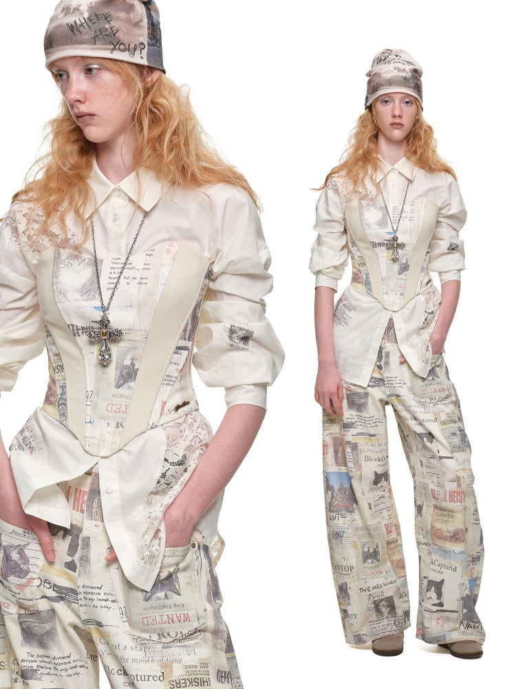 Cat Print Hollow Lace Patchwork Loose Silhouette Long-Sleeve Shirt【s0000019018】
