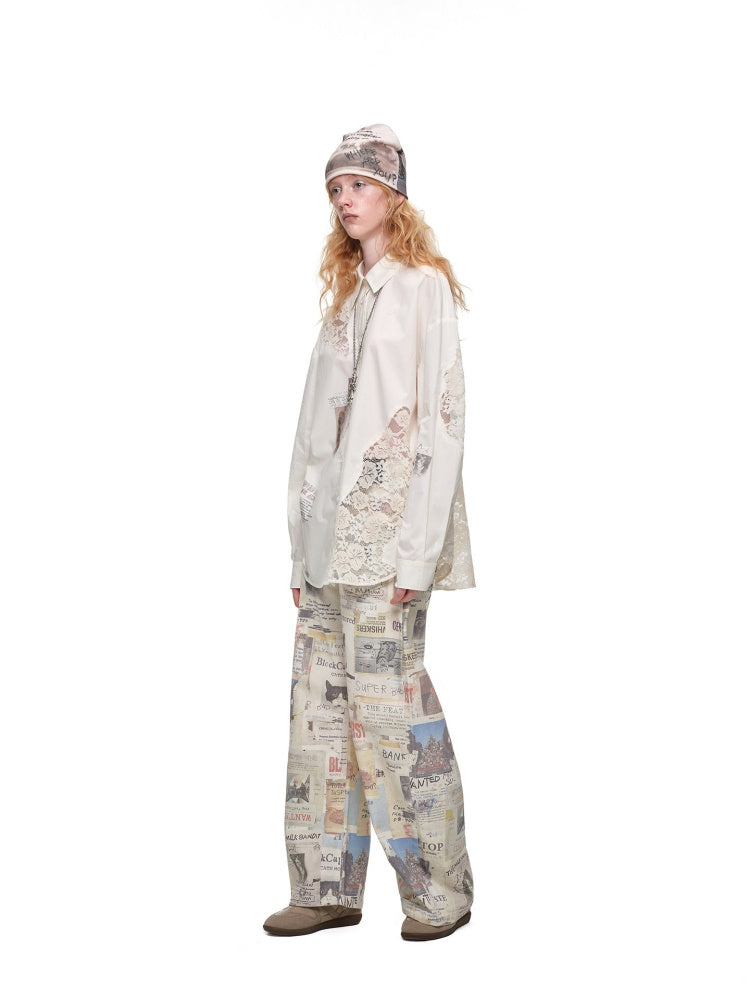 Cat Print Hollow Lace Patchwork Loose Silhouette Long-Sleeve Shirt【s0000019018】