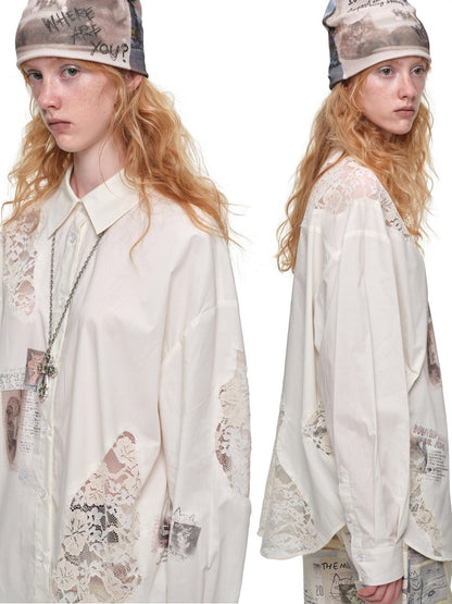 Cat Print Hollow Lace Patchwork Loose Silhouette Long-Sleeve Shirt【s0000019018】