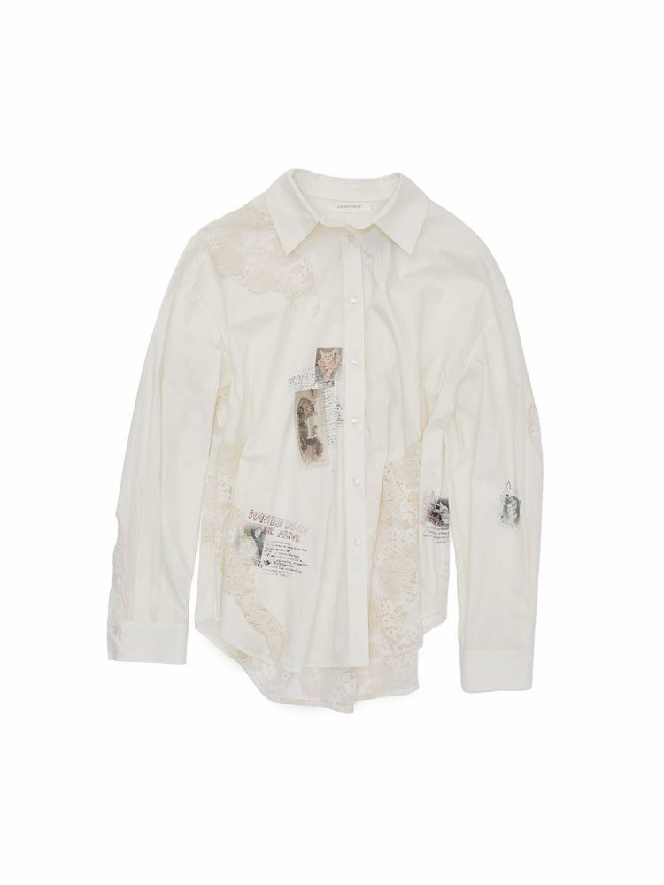 Cat Print Hollow Lace Patchwork Loose Silhouette Long-Sleeve Shirt【s0000019018】