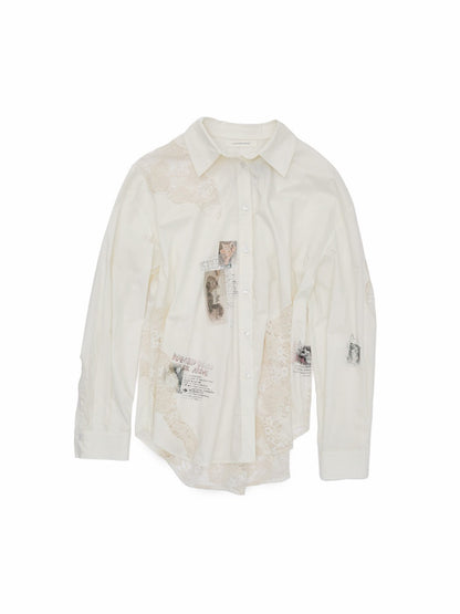 Cat Print Hollow Lace Patchwork Loose Silhouette Long-Sleeve Shirt【s0000019018】
