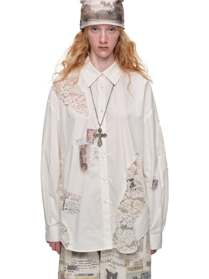 Cat Print Hollow Lace Patchwork Loose Silhouette Long-Sleeve Shirt【s0000019018】