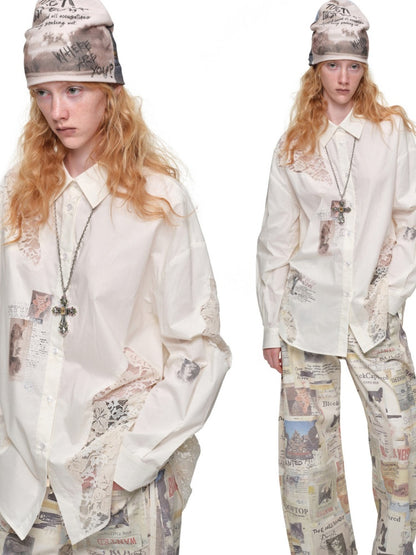 Cat Print Hollow Lace Patchwork Loose Silhouette Long-Sleeve Shirt【s0000019018】