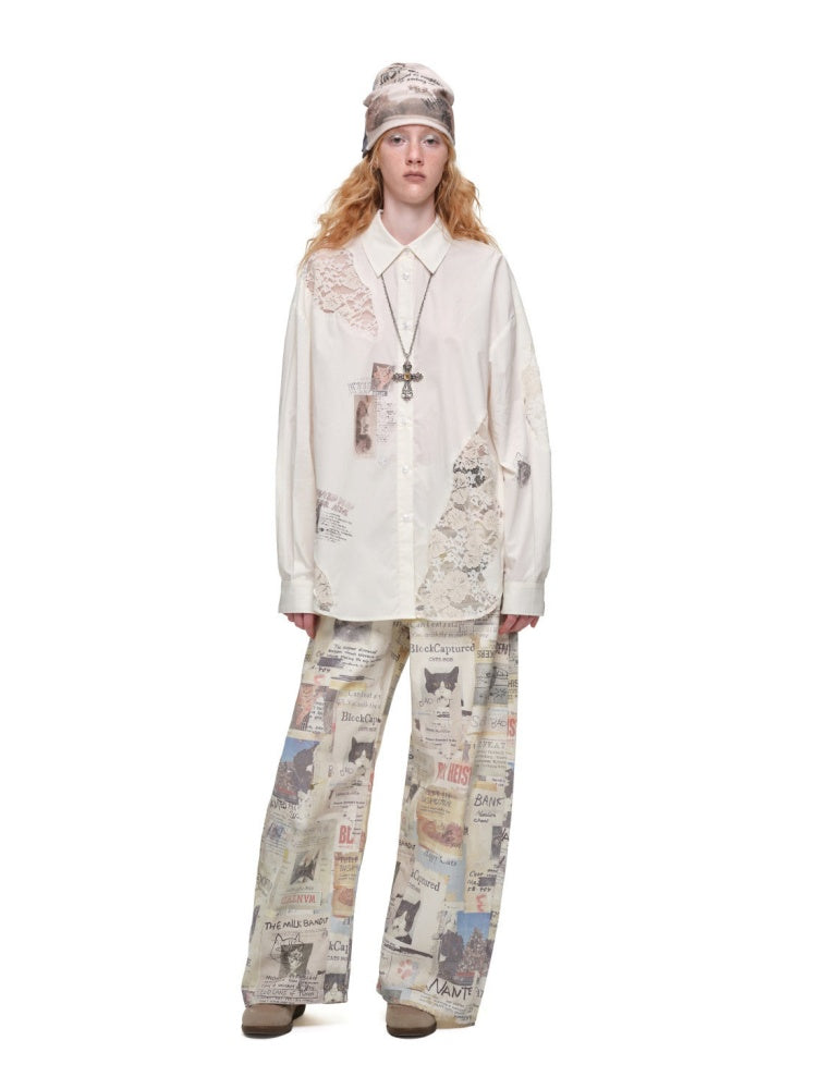 Cat Print Hollow Lace Patchwork Loose Silhouette Long-Sleeve Shirt【s0000019018】
