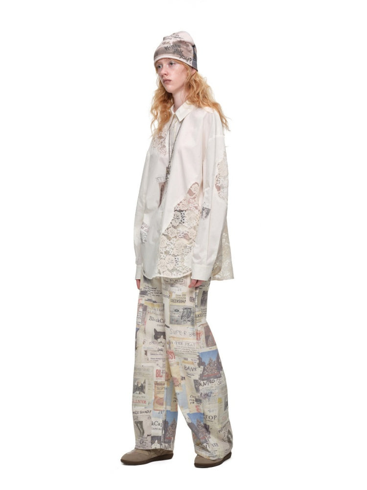 Cat Print Hollow Lace Patchwork Loose Silhouette Long-Sleeve Shirt【s0000019018】